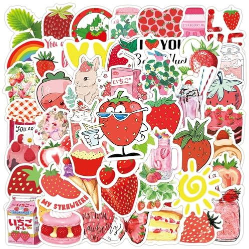 Affoto Erdbeeren Aufkleber für Laptop(50PCS),Geschenk für Kinder Jugendliche Erwachsene,Strawberry Wasserdicht Vinyl Stickers für Auto,Motorräder Fahrrad Gepäck Scrapbook,Skateboard Gitarre