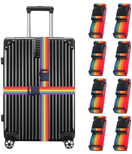 Vlecexs Gepäckgurt 8 Stück Kofferriemen einstellbar 5 cm x 1.8 m | PP-Gewebe, ABS-Schnallen, 5cm breit, 7 Farben inkl. Regenbogen, für 20-32 Zoll Koffer, Reisezubehör