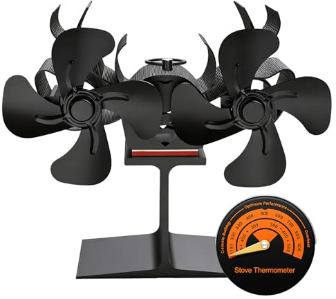 TVOOD Log Burner Fan Silent Motors Energy-Free 8 Blades Wood Burning Stove Fan Heat Powered with Magnetic Thermometer Wood Burner Fans for Efficient Heat Distribution