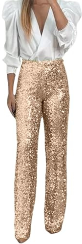 Generisch Damen Party Pailletten Elastische Taille Slim Fit Elastische Schlaghose Mode Einfarbige Hose