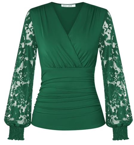 GRACE KARIN Damen Bluse Spitzen Langarm Festliche Oberteile V-Ausschnitt Plissierte Bauchweg Wickelbluse