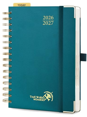 POPRUN Tagesplaner 2026 2027 Spiralbuch mit Hardcover ca.A5(14 x 20,9cm) | Tageskalender 1 Tag 1 Seite,(Montag - Sonntag),Terminplaner,(Aug.2026-Jul.2027),mit Plastiklineal(Pazifikgrün)