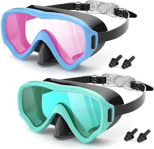 COOLOO 2 Packs Kids Goggles with Nose Cover, 180° Wide View Swimming Goggles for Kids 4-16, No More Hair Snags Anti-Fog No-Leak Snorkel Mask for Boys Girls Youth