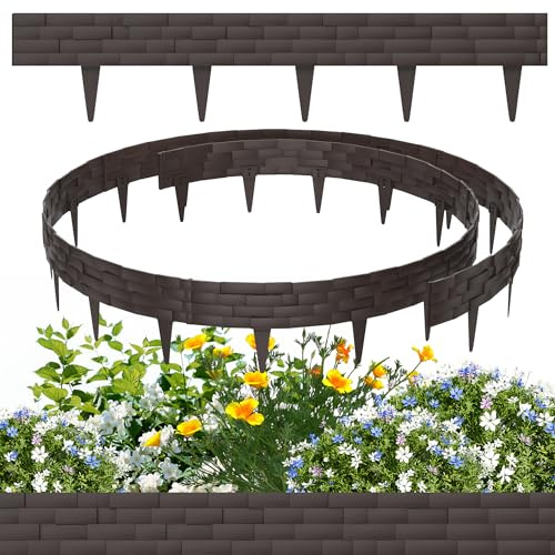 HENGMEI 20m Rasenumrandung in Braun, Blumenbeetumrandung aus Kunststoff im Kunststein-Design, Rasenumrandung, Gartenzaun-Palisaden, 20 Stück