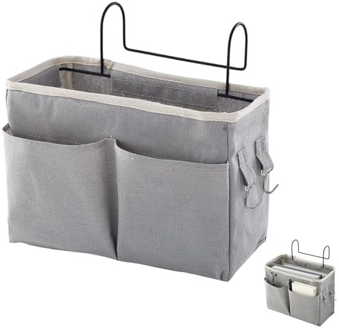 AOQCFS Bedside Storage Caddy and Bedside Organiser - Hanging Bedside Storage Bag with Hooks, Canvas Pockets for Bunk Bed, Dorm, Bedroom, Office.（Grey）