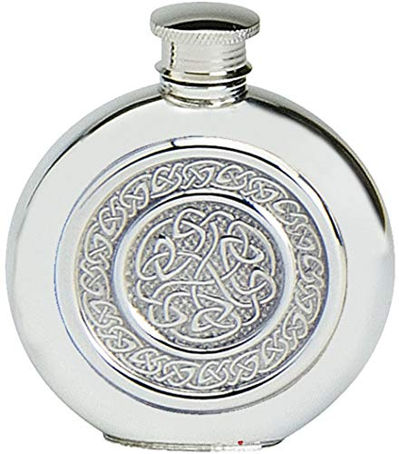 Pewter Round Flask Celtic Rope Embossed Insert Disc Screw Top Engravable 6oz