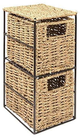 Woodluv Two Drawer Natural Seagrass Storage Cabinet With Metal Frame - Ideal for Bathroom/Office/Home
