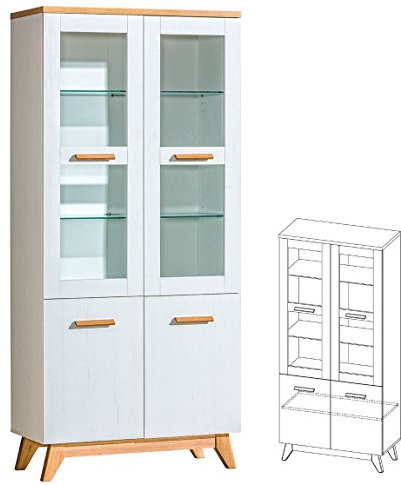 Furniture24 Vitrine Sven Sv3 Schrank Wohnzimmerschrank Vitrinenschrank 4 Türiger Skandinavish Still Kiefer Weiß