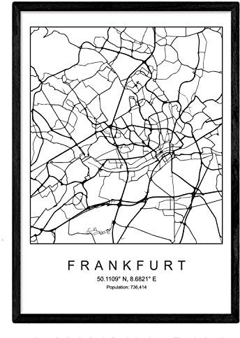 Nacnic Minimalistische Stadtplanen Poster. Geometrische Stil Wanddekoration Abbildung von Frankfurt. Verschiedene Deutsche Stadtkarten, Plänen und Reisen Bilder ohne Rahmen. Größe A4.