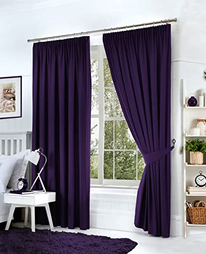 Hachette Thermal Blackout Curtains Pencil Pleat Tape Top Including Pair of Tiebacks (Aubergine Purple, 46 X 72)