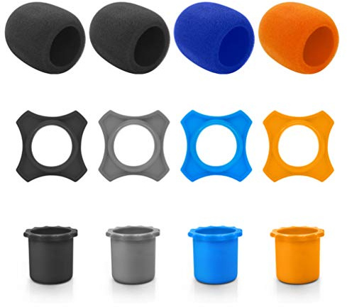 12 Pieces Shakeproof Anti-Rolling Handheld Microphone Windscreen Foam Cover & Mic Protection Silicone Ring & Bottom Rod Sleeve Holder Set for KTV Device(Color Random)