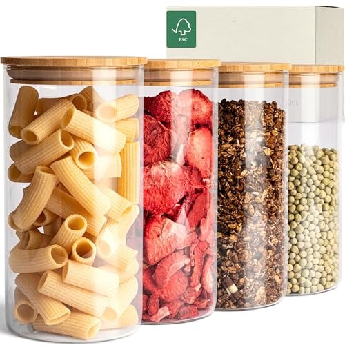 KIVY Vorratsgläser mit Deckel Luftdicht [4x 1200ml] - Vorratsdosen Glas mit Deckel - Glasbehälter mit Deckel - Müsli Aufbewahrung Küche - Vorratsglas mit Holzdeckel - Vorratsbehälter Glas Bambus