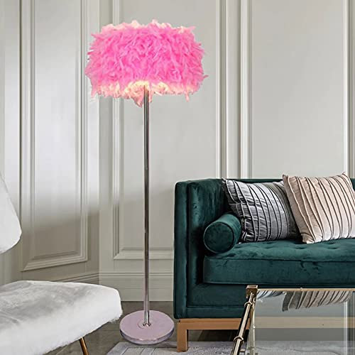 AIBOTY Stehleuchte, Moderne vertikale Lampe, natürlicher Federlampenschirm, weiche, Dicke Metallbasis, stabile Stehleuchte, Home Beleuchtung für Wohnzimmer Schlafzimmer,Rosa,Button