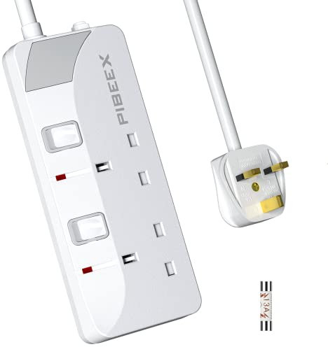 PIBEEX Extension Lead 2 Way Plug Sockets with Individual Switches Wall Mountable Power Strip with 5 Meter Long Extension Cable 13A Fused UK Plug 3250W