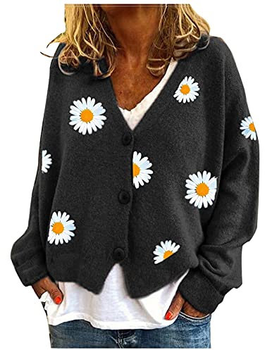 HULKAY Women's Floral Print Long Sleeve V-Neck Sweaters Button Down Ribbed Cuffs Knit Cropped Cardigan Sweater(Black,XXL)