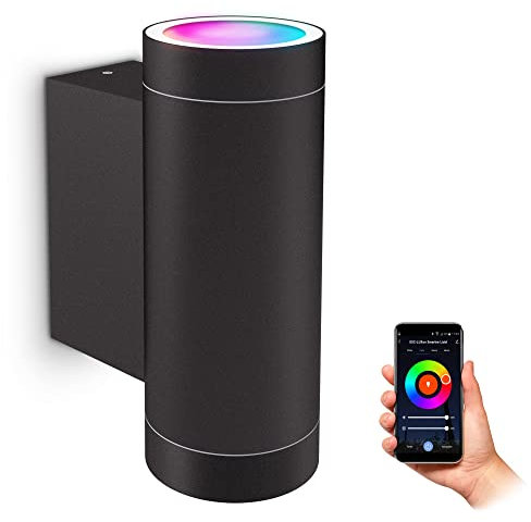 SSC-LUXon ESMA Smart Wandlampe für Außen IP54 inkl. 2x WiFi RGB GU10 LED Birnen (steuerung per App & Sprache) - Außen Wandleuchte Up Down schwarz