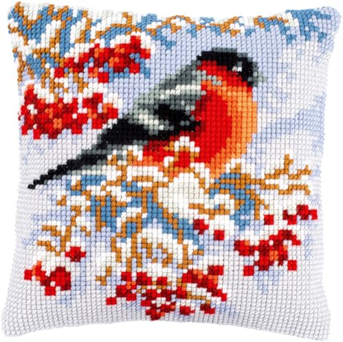 Vervaco Kreuzstich Stickpackungen Kissen Stickerei Set Anfänger Vorgedruckt Dompfaff im Winter DIY Set Kreativ Set Für Erwachseneca. 40 x 40 cm Bastelset Handwerker Haus Dekoration