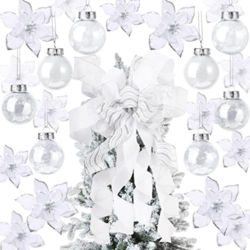 49 Pcs Christmas Tree Decoration Set Include Christmas Tree Topper, 24 Glitter Xmas Flowers 3 Sizes, 24 Pcs 2.36 Inch Xmas Ball Ornaments for Holiday Party Decorations(White)