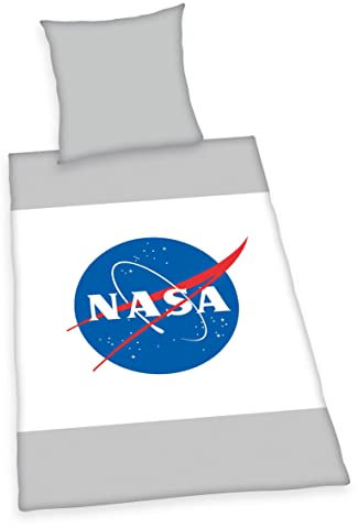 Herding NASA Bettwäsche-Set, Kopfkissenbezug 80 x 80 cm, Bettbezug 135 x 200 cm, Mit leichtläufigem Reißverschluss, 100% Baumwolle/Renforcé, Grau/Weiß