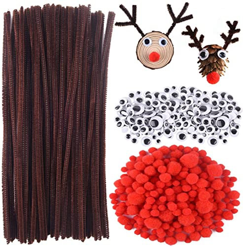 Cheeroyal 300st Weihnachten Rentier DIY Bastel-Set, braun Pfeifenreiniger Chenille Stamm flauschig rot Pom Poms und Googly Augen Pack Weihnachten Rudolf machen Set (300pcs)