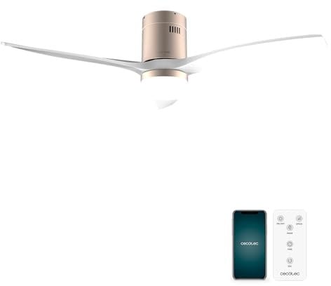 Cecotec Ventilador de Techo EnergySilence Aero 5600 Aqua GoldWhite Connected, 40 W y 52”, Wifi, Mando a distancia, protección IP44, luz, 6 velocidades, 3 aspas, modo winter-summer, temporizador 8h