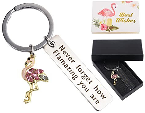 Flamingo Schlüsselanhänger, Metall Flamingo Anhänger Schlüsselanhänger mit Grußkarte und Aufbewahrungsbox, Flamingo Deko Geschenkset für Männer, Frauen & Kinder (Silber)