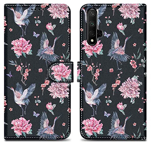 Cadorabo Hülle kompatibel mit Honor 20 / 20S / Huawei NOVA 5T - Design Kranich & Blumen No. 9 - Schutzhülle mit Magnetverschluss, Standfunktion und Kartenfach