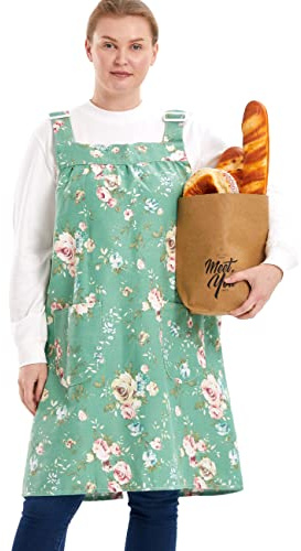 APRONNER No Ties Plus Size Aprons for Women with Pockets Cotton Linen Baking Kitchen Cooking, Rose Flowerss, XXXL