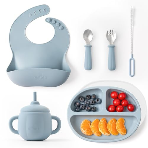 Mineto, Coffret Repas Bebe Design, 6 Pièces : Assiette Bebe Ventouse Antidérapante, Bavoir Silicone Bebe Souple, Set Vaisselle Bebe DME, Sans BPA pour Sécurité & Confort