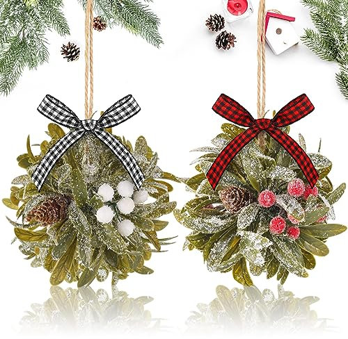 Wettarn Muérdago de Navidad, bola de beso, cinta de muérdago de Navidad con hojas de bayas, decoración de muérdago colgante para puerta, hogar, oficina, árbol de Navidad, 10 pulgadas (estilos