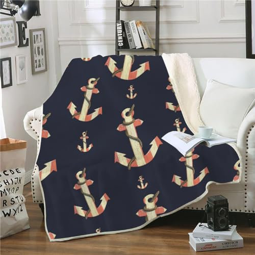 XPINGO Anker Kuscheldecke Sherpa Decke 100x130 cm Mikrofaser Super Weich und Warme Winter Blanket 3D Maritim Anker Wohndecke Kinder Fleecedecke Flauschige Sofadecke für Sofaüberwurf Tagesdecke