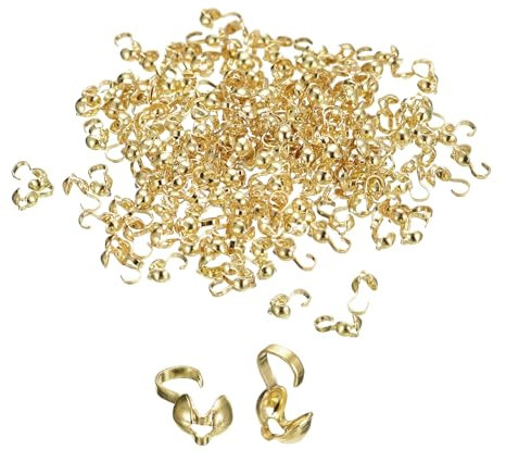 uxcell 400Pcs Open Bead Tips Knot Covers, Metal Clamshell Crimp Fold-Over Calotte Ends Caps for Jewelry Making DIY Crafts (4mm/0.16 Inch Cup, Light Gold)