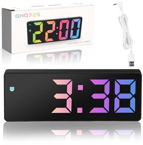 RISVOWO Réveil Numérique, Horloge Digitale avec Écran LED, Horloge Numérique avec Fonction Snooze, Horloges de Chevet Réveil Matin, Alimenté par USB, Batterie, Snooze, Température, Datetime (Coloré)