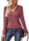 Gemulate Womens Long Sleeve Tops Ladies Lightweight Knit Jumpers V Neck Zipper Sweaters Casual Striped Sweatshirts Tshirt Wine Red Medium