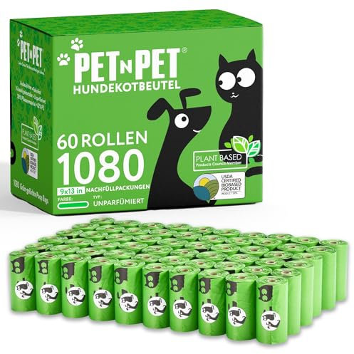 PET N PET Hundekotbeutel und Abfallbeutel USDA-zertifiziert 38% biobasierte Kotbeutel für Hunde 1080 Anzahl 60 Rollen 9x13 Zoll Hundekotbeutel, unparfümierte Kotbeutel