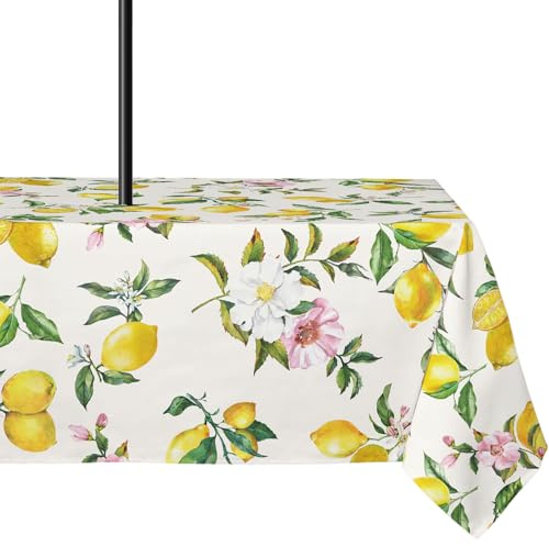 Yighty Outdoor-Tischdecke mit Schirmloch, 152,4 x 213,4 cm, Blumen-Zitrone, Outdoor-Reißverschluss, wasserdicht, knitterfrei, waschbar, rechteckige Tischdecke für Picknicks, Party, Camping und Grillen