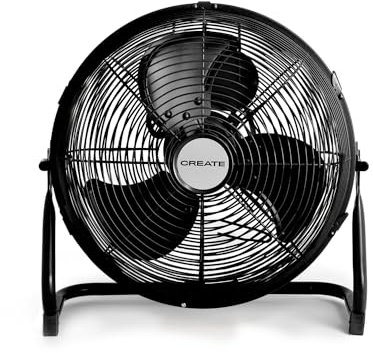 CREATE / AIR FLOOR RETRO/Ventilateur de sol industriel noir / 12 pouces, débit d'air puissant, 3 vitesses, silencieux, léger, pieds antidérapants.