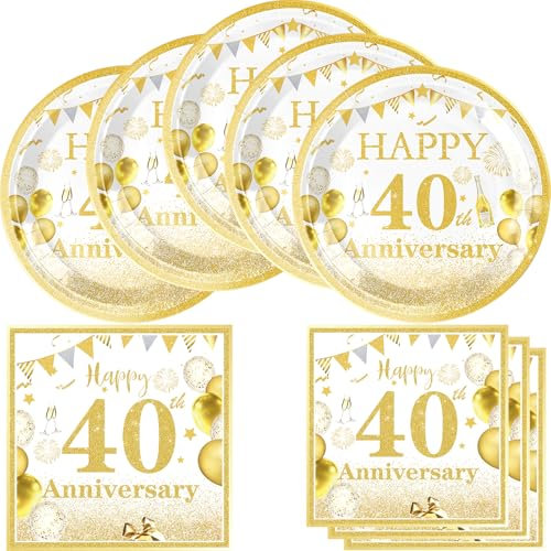 HJFZLY 40Pcs 40th Wedding Anniversary Party Supplies, Gold Birthday Decorations 40th Theme Birthday Party Tableware Plates Napkins Set for Cheers to 40 Years Wedding Anniversary Party Supplies Favors