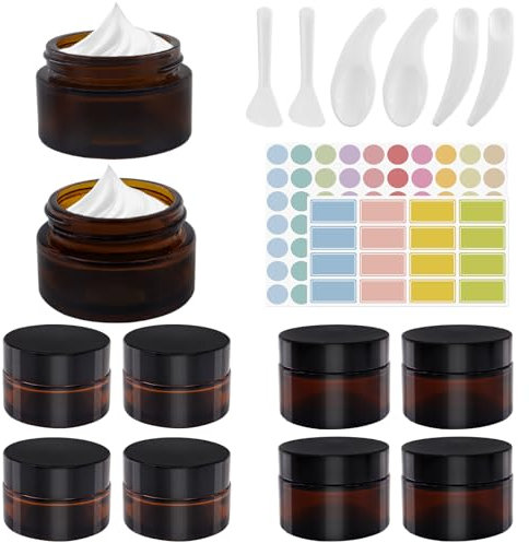 TOKSEO 10 Stück Amber Glas Leerdose, 20ml/30ml Amber Glastiegel Salbentiegel mit Aufkleber und Löffel, Cremedosen zum Befüllen Braunen Glasbehälter für Kosmetik Cremes Lotionen Ätherische Öle