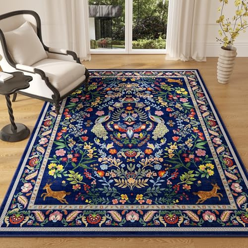 Rugcomf Teppich, waschbar, Blumenmuster, rutschfest, niedriger Flor, Kleiner Teppich für Schlafzimmer, Nachttisch, Kinderzimmer, Büro, Esszimmer (blau)