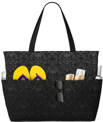 JBYJBX Strandtasche mit Gothic-Tapete, Totenkopf-Druck, große Kapazität, Strand-Reisetasche, wasserdicht, sanddicht und leicht, Schwarz, Einheitsgröße, Schwarz, Einheitsgröße