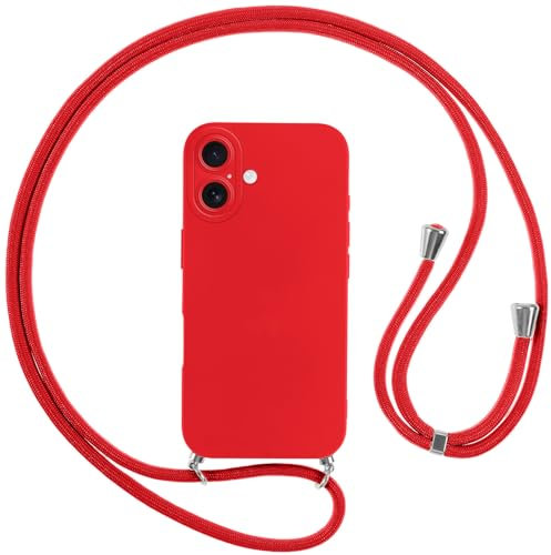 Vauki Cover for iPhone 16 with Lanyard, Silicone Case with Strap Necklace Strap, Shockproof Ultra-Thin Protective Mobile Phone Case for iPhone 16, Red