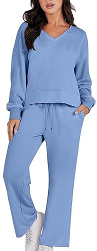 OBiQuzz Set da donna in due pezzi, con scollo a V, in tinta unita, da jogging, da casa, da allenamento, da yoga, da corsa, a maniche lunghe, abbigliamento sportivo casual, Celeste36, M