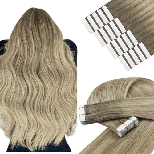 YoungSee Tape Extensions Echthaar Blond Echthaar Extensions Tape Aschblond Ombre Platinblond Tape in Extensions Ombre Tape in Hair Extensions Echthaar 30cm Tapes Haarextension 30g #SUN
