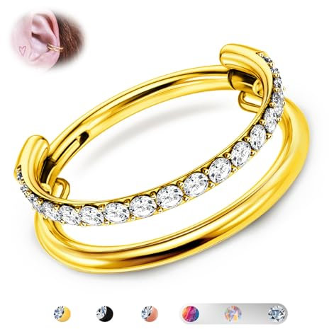 BodyBonita G23 Titan Knorpel Ohrring Gestapelter Clicker 16G CZ Doppelt Septum Piercing Conch Shmuck Tragus Daith Helix Ohrringe Nasenring Creolen für Frauen Männer Gold 8mm