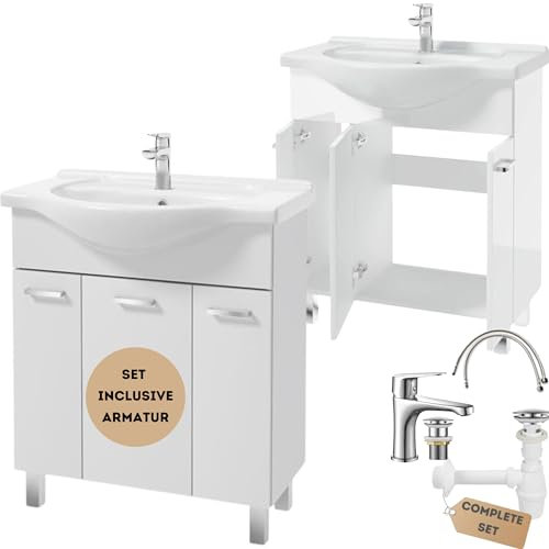.Deftrans waschbecken mit unterschrank stehend Badmöbel Set 85x75x34 cm, weißer Hochglanz, Waschbeckenunterschrank mit Waschbecken und Armatur mit klick-Stecker, komplettprogramme für Badezimmer