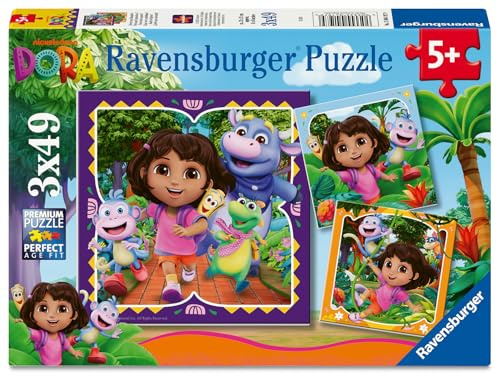 Ravensburger Puzzle Dora Bereit zum Erkunden? - 3x49 Teile Puzzle ab 5 | 3x49 Teile Dora Puzzle, Kinderpuzzle ab 5 Jahre, Ravensburger Qualität