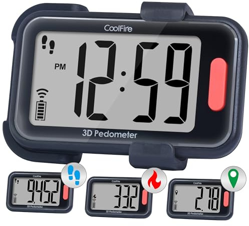 CoolFire - 2025 Indoor & Outdoor Pedometer for Walking Steps and Miles, Calories, Step Counter for Walking, 3D Simple Clip On Step Tracker for Women,Display, Auto Reset, App Optional (black)