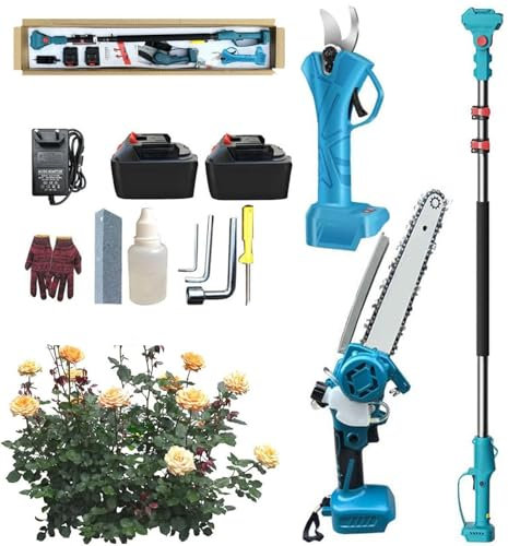 Kit combinado 4 en 1 de sierra de pértiga y tijeras de podar, mini motosierra de 8 pulgadas, tijeras de podar inalámbricas con pértiga extensible, 2 baterías de 13000 mAh, podadora de ramas y ramas