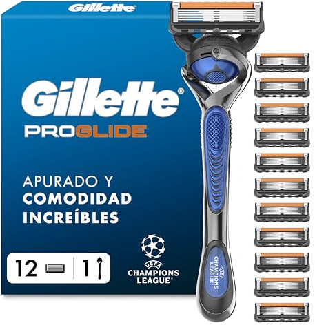 Gillette Proglide Maquinilla de Afeitar para Hombre con 12 Recambios | Mango UEFA Champions League Special Edition + 12 Cuchillas, Doble Lubricación Antes Y Después de Las Hojas, Banda Lubricante